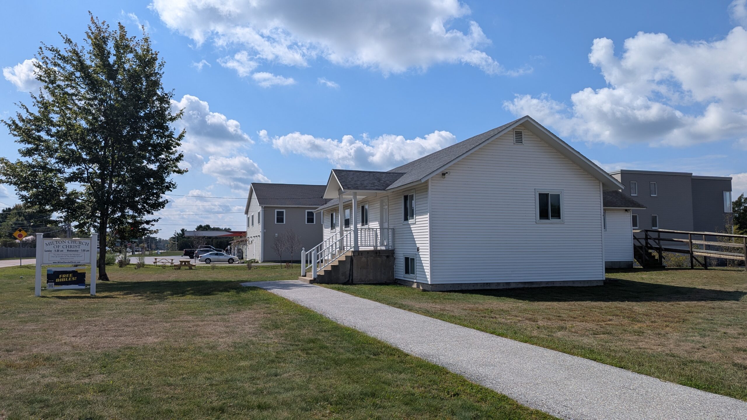 View of the walkway to the building we worship in.